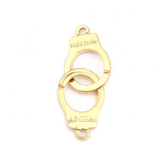 Picture of 304 Stainless Steel Connectors Handcuffs Gold Plated Message " freedom " 41mm x 15mm, 1 Piece