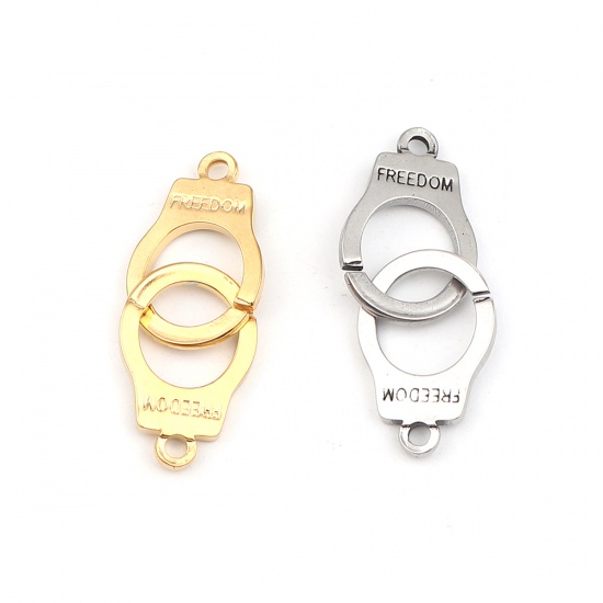 Picture of 304 Stainless Steel Connectors Handcuffs Gold Plated Message " freedom " 41mm x 15mm, 1 Piece