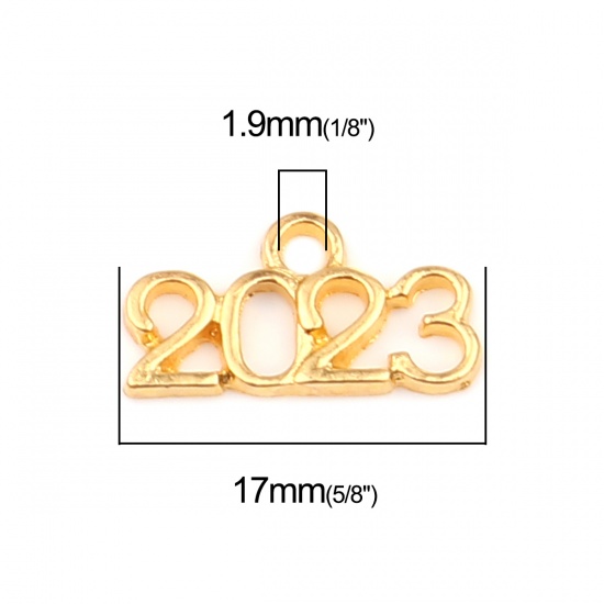 Picture of Zinc Based Alloy Year Charms Number Gold Plated Message " 2023 " 17mm x 9mm, 50 PCs
