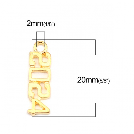 Immagine di Zinc Based Alloy Year Charms Number Gold Plated Message " 2024 " 20mm x 6mm, 50 PCs