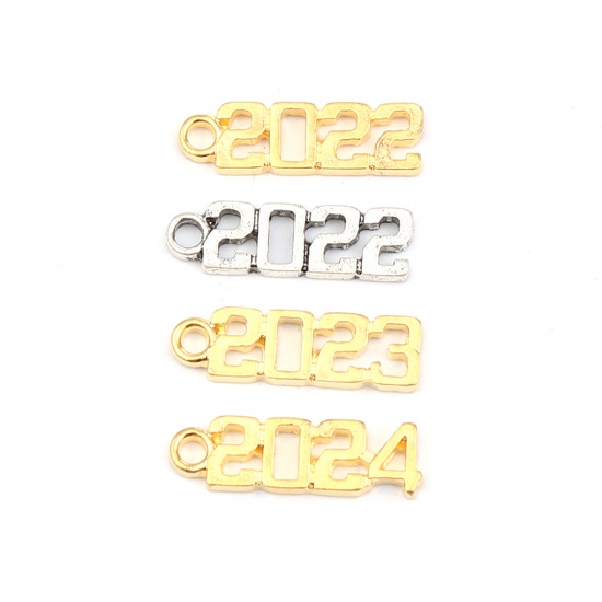 Picture of Zinc Based Alloy Year Charms Number Gold Plated Message " 2024 " 20mm x 6mm, 50 PCs