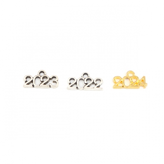 Immagine di Zinc Based Alloy Year Charms Number Gold Plated Message " 2024 " 17mm x 9mm, 50 PCs