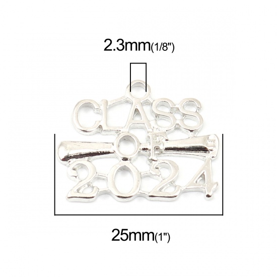 Picture of Zinc Based Alloy Year Charms Silver Tone Message " Class of 2024 " 25mm x 20mm, 20 PCs