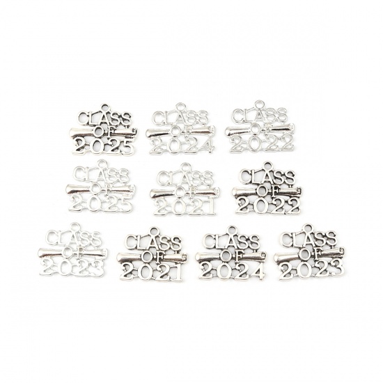 Picture of Zinc Based Alloy Year Charms Silver Tone Message " Class of 2023 " 25mm x 20mm, 20 PCs