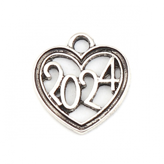 Picture of Zinc Based Alloy Year Charms Heart Antique Silver Color Number Message " 2024 " 18mm x 17mm, 20 PCs