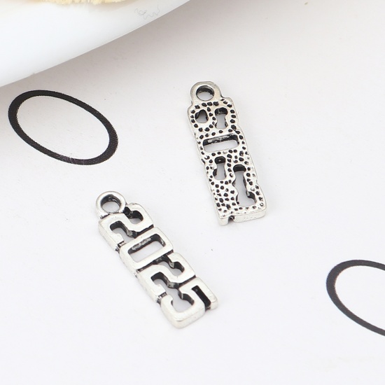 Picture of Zinc Based Alloy Year Charms Number Antique Silver Color Message " 2025 " 20mm x 6mm, 50 PCs