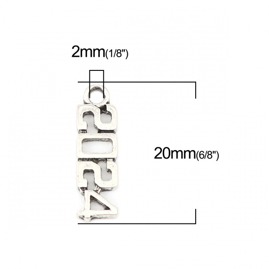 Immagine di Lega di Zinco Anno Charms Numero Argento Antico Lettere " 2024 " 20mm x 6mm , 50 Pz