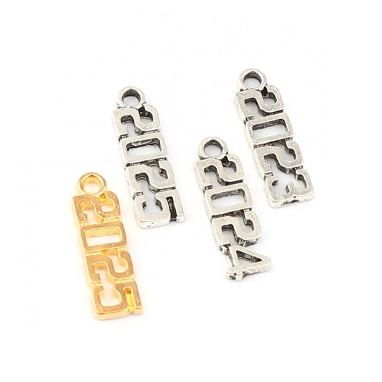 Picture of Zinc Based Alloy Year Charms Number Antique Silver Color Message " 2024 " 20mm x 6mm, 50 PCs