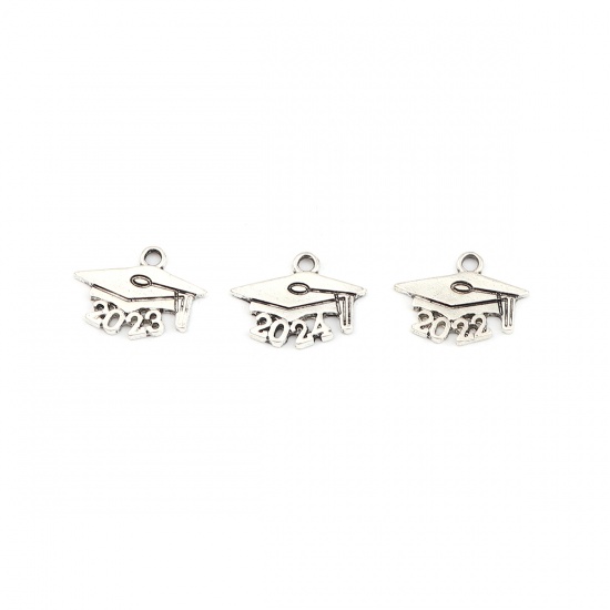 Picture of Zinc Based Alloy Year Charms Number Antique Silver Color Trencher Cap Message " 2024 " 19mm x 14mm, 20 PCs