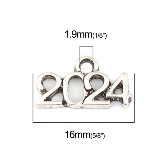 Picture of Zinc Based Alloy Year Charms Number Antique Silver Color Message " 2024 " 16mm x 9mm, 50 PCs