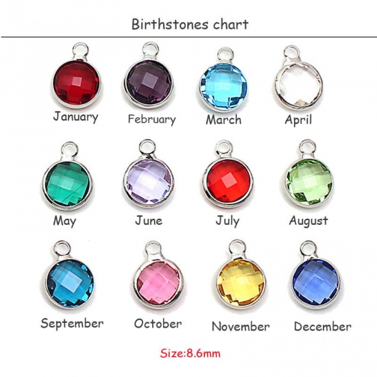 Picture of Zinc Based Alloy & Glass Birthstone Charms Round February Silver Tone Dark Purple 8.6mm Dia., 5 PCs