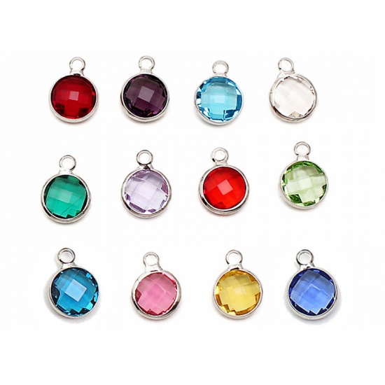 Picture of Zinc Based Alloy & Glass Birthstone Charms Round March Silver Tone Light Blue 8.6mm Dia., 5 PCs