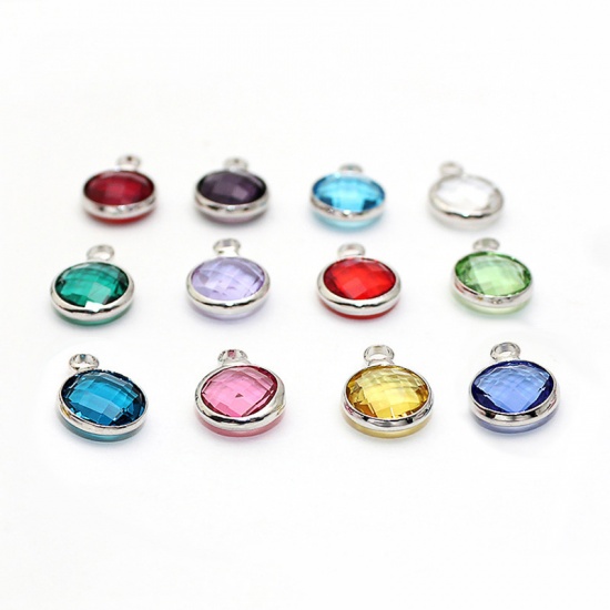 Picture of Zinc Based Alloy & Glass Birthstone Charms Round May Silver Tone Green 8.6mm Dia., 5 PCs