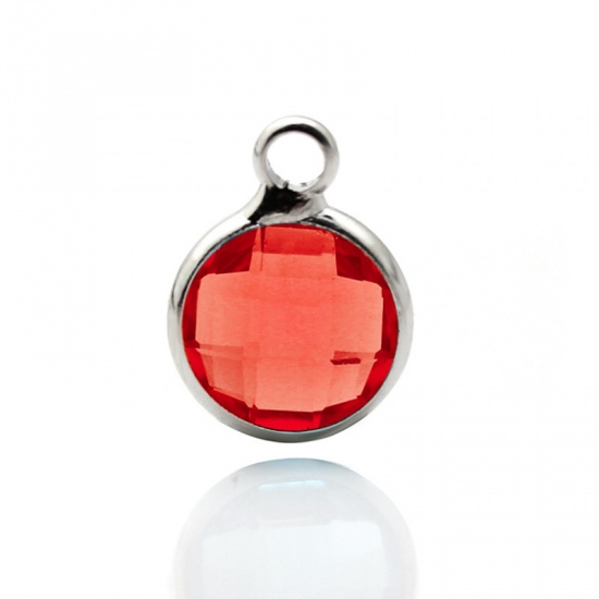 Picture of Zinc Based Alloy & Glass Birthstone Charms Round July Silver Tone Orange-red 8.6mm Dia., 5 PCs