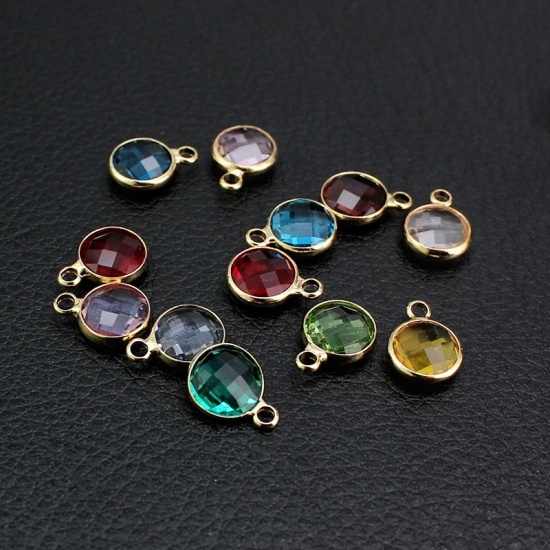 Picture of Zinc Based Alloy & Glass Birthstone Charms Round January Gold Plated Wine Red 8.6mm Dia., 5 PCs