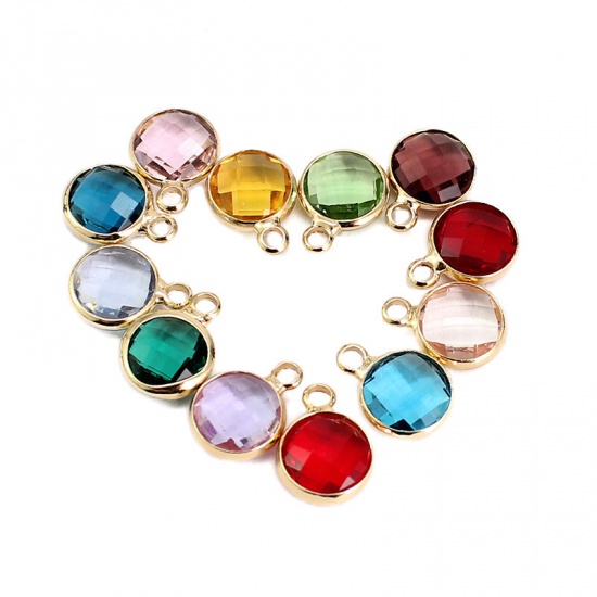 Picture of Zinc Based Alloy & Glass Birthstone Charms Round February Gold Plated Dark Purple 8.6mm Dia., 5 PCs