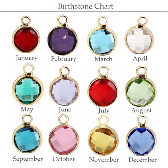 Picture of Zinc Based Alloy & Glass Birthstone Charms Round February Gold Plated Dark Purple 8.6mm Dia., 5 PCs