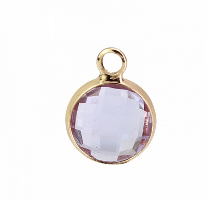 Picture of 5 PCs Brass & Glass Birthstone Charms Wholesale 18K Real Gold Plated Mauve Round June 8.6mm Dia.