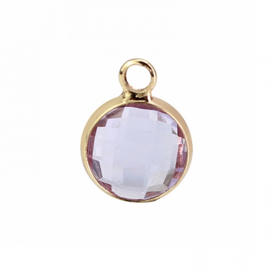 Picture of Zinc Based Alloy & Glass Birthstone Charms Round June Gold Plated Mauve 8.6mm Dia., 5 PCs