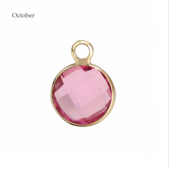 Picture of Zinc Based Alloy & Glass Birthstone Charms Round October Gold Plated Pink 8.6mm Dia., 5 PCs