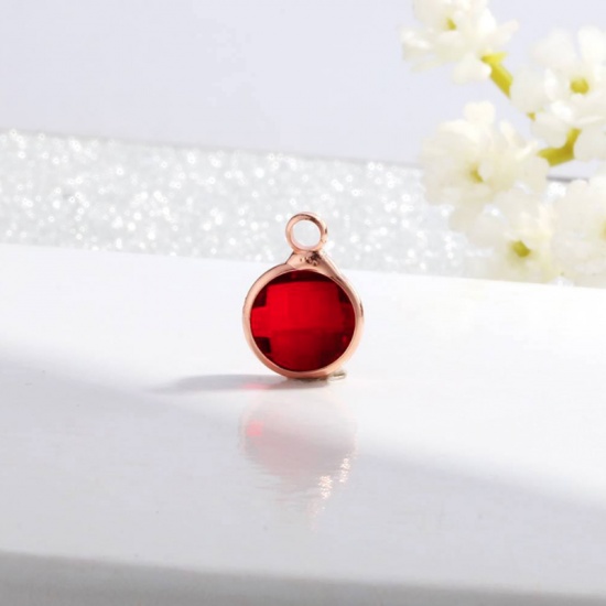 Picture of Zinc Based Alloy & Glass Birthstone Charms Round January Rose Gold Wine Red 8.6mm Dia., 5 PCs