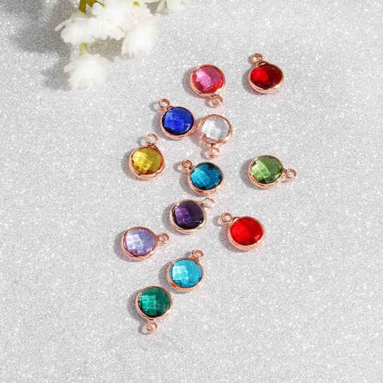 Picture of Zinc Based Alloy & Glass Birthstone Charms Round January Rose Gold Wine Red 8.6mm Dia., 5 PCs
