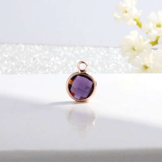 Picture of Zinc Based Alloy & Glass Birthstone Charms Round February Rose Gold Dark Purple 8.6mm Dia., 5 PCs