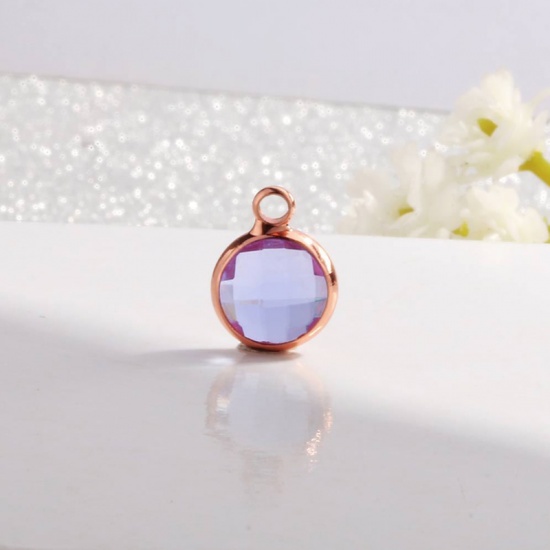 Picture of Zinc Based Alloy & Glass Birthstone Charms Round June Rose Gold Mauve 8.6mm Dia., 5 PCs