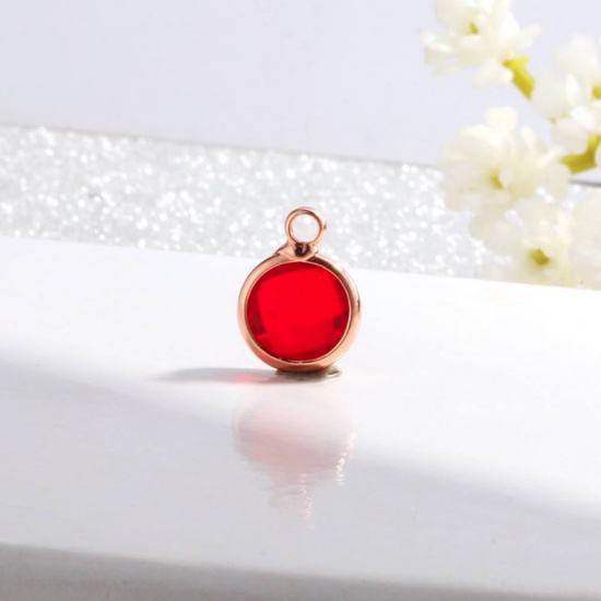 Picture of Zinc Based Alloy & Glass Birthstone Charms Round July Rose Gold Orange-red 8.6mm Dia., 5 PCs