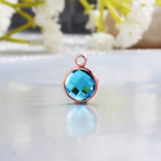 Picture of Zinc Based Alloy & Glass Birthstone Charms Round September Rose Gold Peacock Blue 8.6mm Dia., 5 PCs
