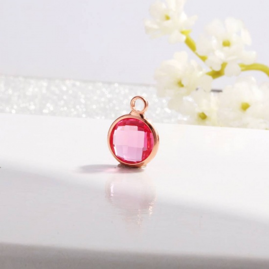 Immagine di 5 Pz Ottone & Vetro Pietre Nascita Ciondoli Oro Rosa Rosa Tondo Ottobre 8.6mm Dia