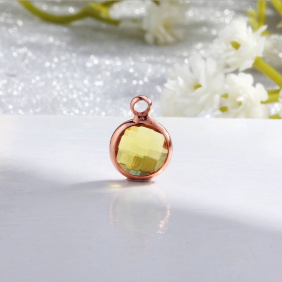 Picture of Zinc Based Alloy & Glass Birthstone Charms Round November Rose Gold Yellow 8.6mm Dia., 5 PCs
