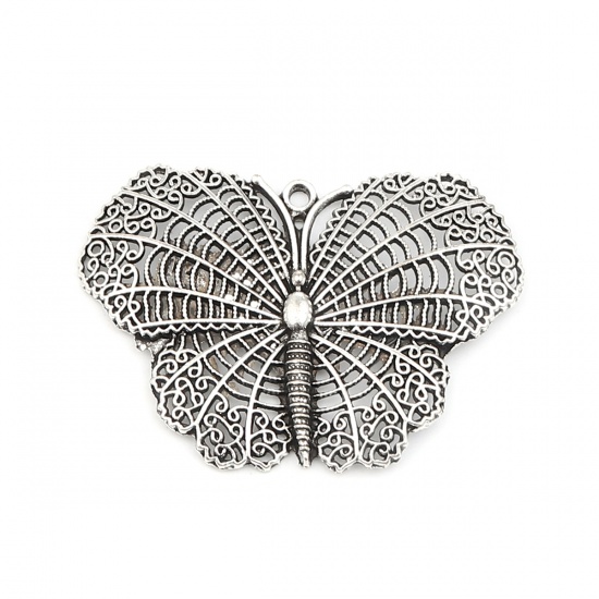 Picture of Zinc Based Alloy Insect Pendants Butterfly Animal Antique Silver Color 68mm x 47mm, 2 PCs