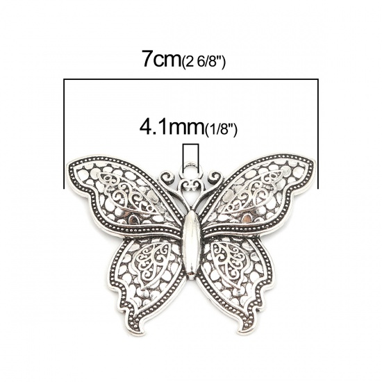 Picture of Zinc Based Alloy Insect Pendants Butterfly Animal Antique Silver Color 70mm x 52mm, 2 PCs