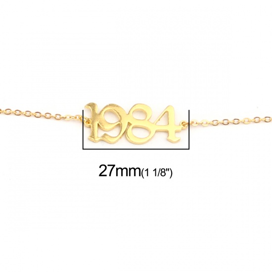 Picture of 304 Stainless Steel Year Anklet Gold Plated Number Message " 1984 " 21cm(8 2/8") long, 1 Piece