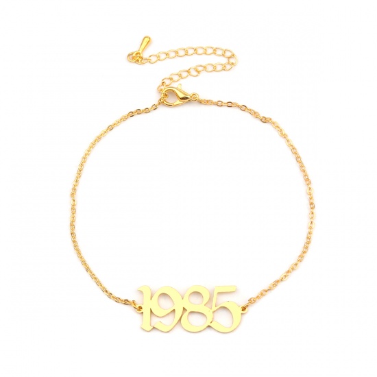 Picture of 304 Stainless Steel Year Anklet Gold Plated Number Message " 1985 " 21cm(8 2/8") long, 1 Piece