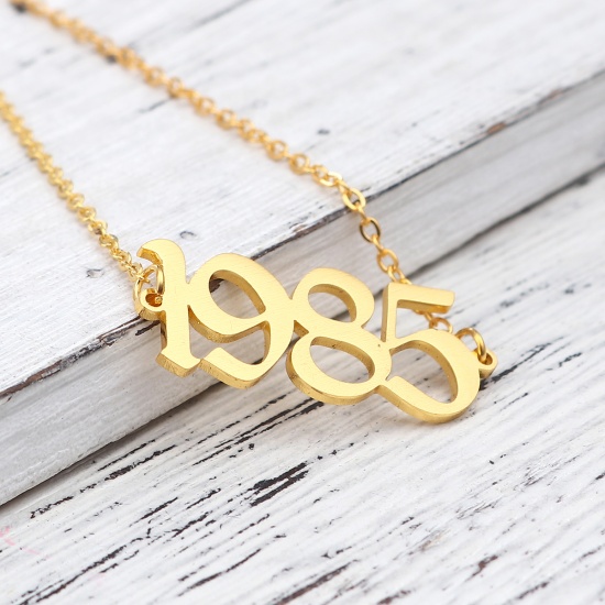 Picture of 304 Stainless Steel Year Anklet Gold Plated Number Message " 1985 " 21cm(8 2/8") long, 1 Piece