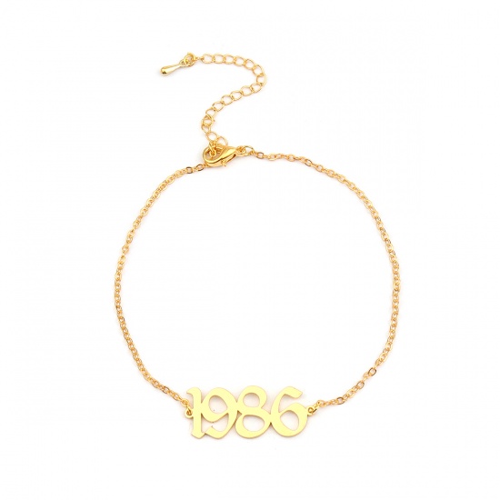 Picture of 304 Stainless Steel Year Anklet Gold Plated Number Message " 1986 " 21cm(8 2/8") long, 1 Piece