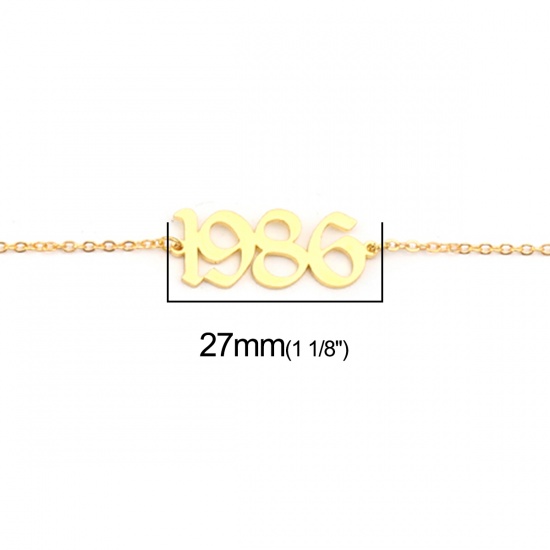 Picture of 304 Stainless Steel Year Anklet Gold Plated Number Message " 1986 " 21cm(8 2/8") long, 1 Piece
