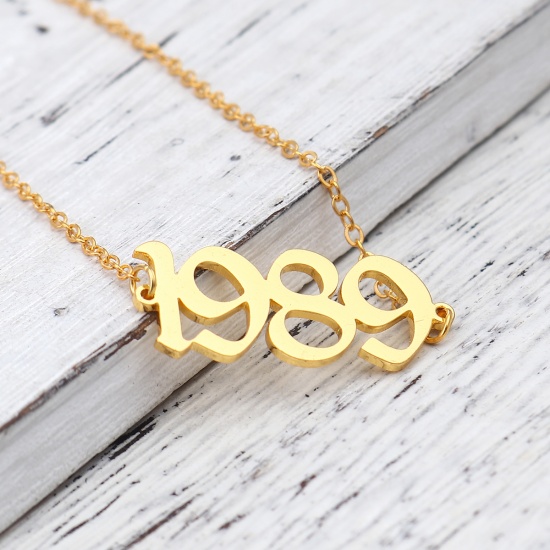 Picture of 304 Stainless Steel Year Anklet Gold Plated Number Message " 1989 " 21cm(8 2/8") long, 1 Piece