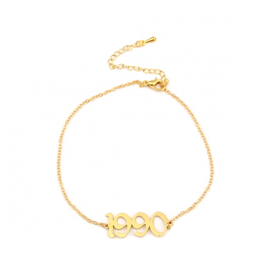 304 Stainless Steel Year Anklet Gold Plated Number Message " 1990 " 21cm(8 2/8") long, 1 Piece の画像