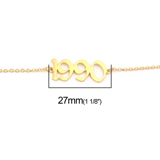 Picture of 304 Stainless Steel Year Anklet Gold Plated Number Message " 1990 " 21cm(8 2/8") long, 1 Piece