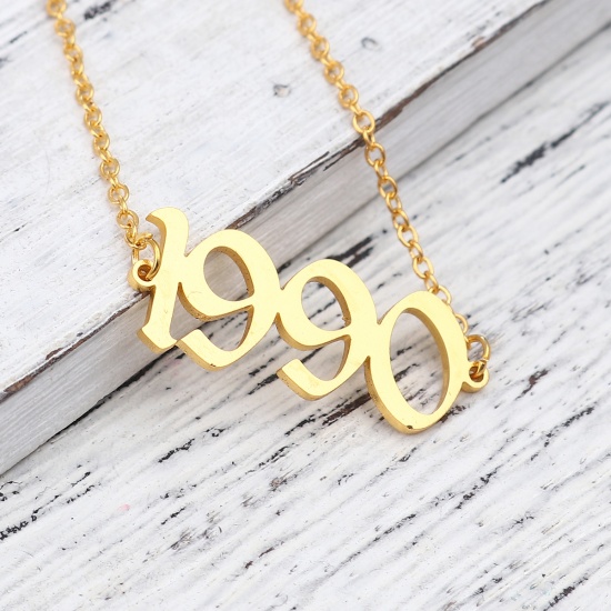 Picture of 304 Stainless Steel Year Anklet Gold Plated Number Message " 1990 " 21cm(8 2/8") long, 1 Piece