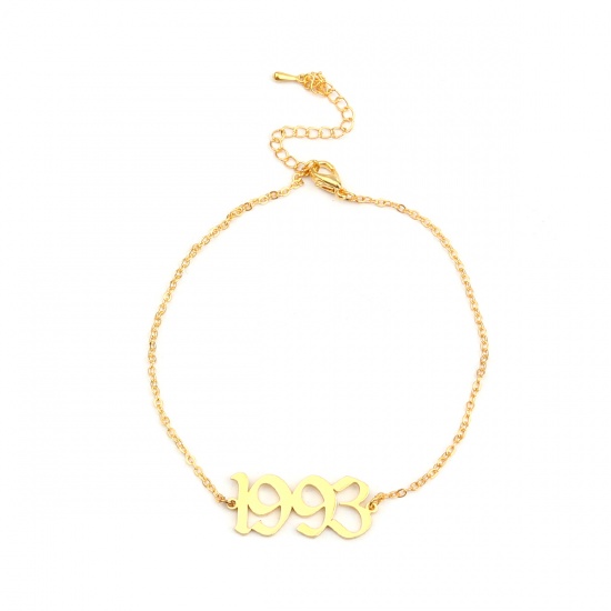 Picture of 304 Stainless Steel Year Anklet Gold Plated Number Message " 2020 " 21cm(8 2/8") long, 1 Piece