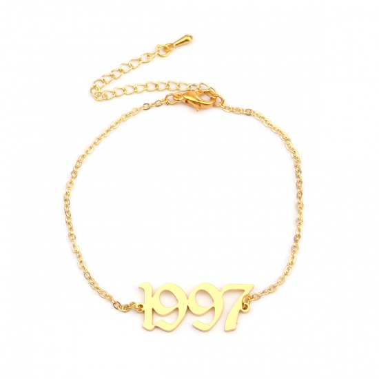 Picture of 304 Stainless Steel Year Anklet Gold Plated Number Message " 1997 " 21cm(8 2/8") long, 1 Piece