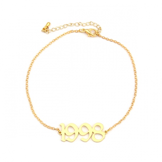Picture of 304 Stainless Steel Year Anklet Gold Plated Number Message " 1998 " 21cm(8 2/8") long, 1 Piece