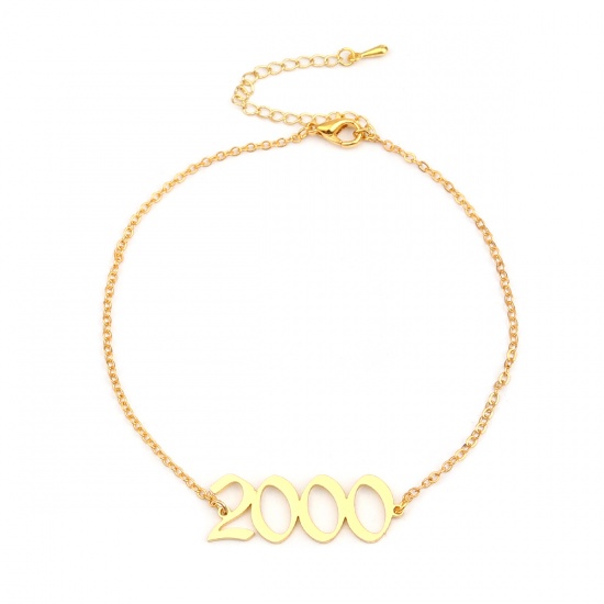 Picture of 304 Stainless Steel Year Anklet Gold Plated Number Message " 2000 " 21cm(8 2/8") long, 1 Piece