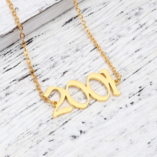 Picture of 304 Stainless Steel Year Anklet Gold Plated Number Message " 2001 " 21cm(8 2/8") long, 1 Piece