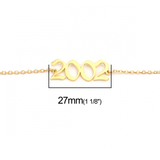 Picture of 304 Stainless Steel Year Anklet Gold Plated Number Message " 2002 " 21cm(8 2/8") long, 1 Piece