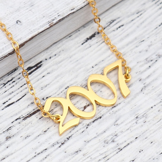 Picture of 304 Stainless Steel Year Anklet Gold Plated Number Message " 2007 " 21cm(8 2/8") long, 1 Piece